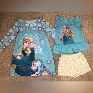 Disney Store Frozen Fever Elsa Anna Sleep Set & Gown Pajamas Girls S Small 5/6